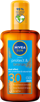 NIVEA SUN Protect&Bronze olejek w sprayu SPF 30, brązowa butelka, niebieska etykieta, 95% recyklingu.