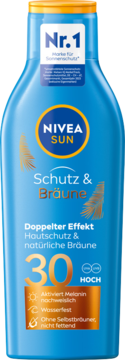 NIVEA SUN Schutz & Bräune balsam do opalania SPF 30, aktywujący opaleniznę, niebieska butelka, widok z przodu.
