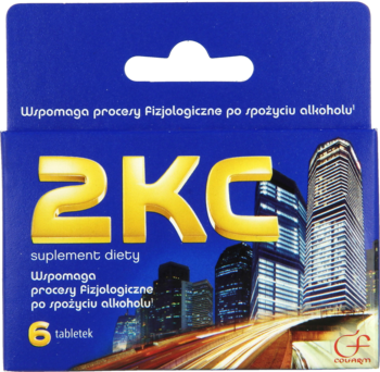 Niebieskie opakowanie suplementu diety 2KC, wspomagającego po alkoholu, z żółtym logo i grafiką miasta.