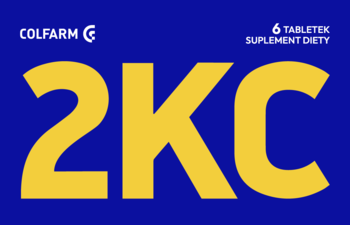 Niebieskie opakowanie suplementu diety 2KC Colfarm z dużym żółtym napisem i informacją '6 TABLETEK'.