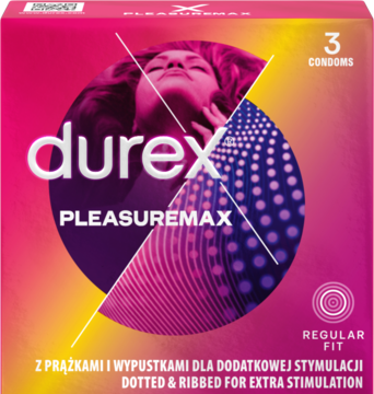 Różowo-fioletowe pudełko Durex Pleasuremax, 3 prezerwatywy prążkowane i z wypustkami dla stymulacji.