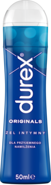 Niebieska butelka żelu intymnego Durex Originals 50ml z białym napisem i zakrętką, widok z przodu.