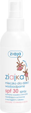 Biała butelka Ziaja Ziajka SPF 30 wodoodporne mleczko w sprayu dla dzieci, z małpkami na etykiecie.