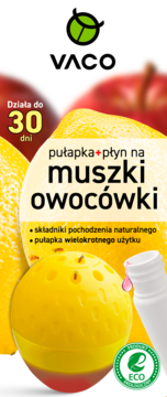 Żółta pułapka VACO na muszki owocówki z płynem, kula z otworami na tle jabłek i cytryn. Działa 30 dni.