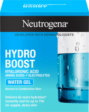 Niebieskie opakowanie Neutrogena Hydro Boost Water Gel z kwasem hialuronowym, widok z przodu, nawilża do 72h.