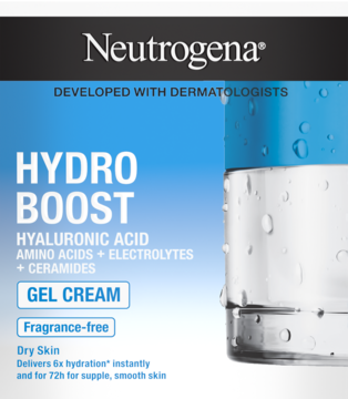 Neutrogena Hydro Boost Gel Cream z kwasem hialuronowym do suchej skóry. Biała etykieta i część słoiczka na niebieskim tle.