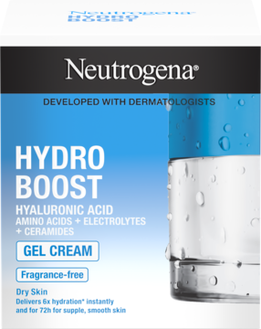Opakowanie Neutrogena Hydro Boost Gel Cream z kwasem hialuronowym, bezzapachowe, do suchej skóry, widok z przodu.