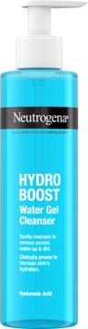 Niebieski nawadniający żel do mycia Neutrogena Hydro Boost, przezroczysta butelka z białą pompką, widok z przodu.