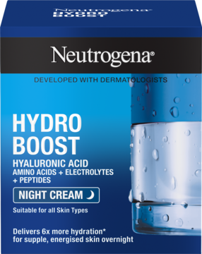 Niebieskie pudełko Neutrogena Hydro Boost Night Cream z kwasem hialuronowym, widok z przodu.