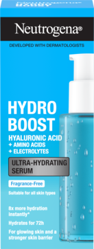 Niebieskie opakowanie Neutrogena Hydro Boost Serum nawadniającego, widok z przodu, z butelką z pompką.