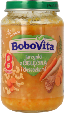BoboVita obiadek dla niemowląt od 8. miesiąca: jarzynki z cielęciną i kluseczkami w szklanym słoiku. Widok z przodu.