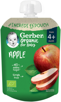 Zielona saszetka Gerber Organic Apple puree dla niemowląt od 4 miesiąca, z białą nakrętką i grafiką jabłek.