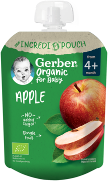 Zielona saszetka Gerber Organic Apple puree dla niemowląt od 4 miesiąca, z białą nakrętką i grafiką jabłek.