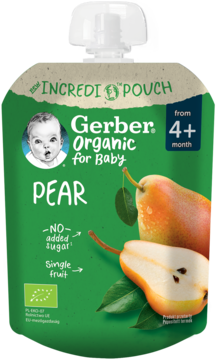 Zielony deserek Gerber Organic Gruszka, saszetka dla niemowląt 4+, widok z przodu. Bez dod. cukru.