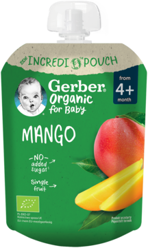 Gerber Organic Mango, zielona saszetka, dla dzieci od 4+ miesiąca, bez dodatku cukru, widok z przodu.