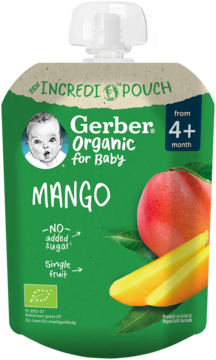 Gerber Organic Mango, zielona saszetka, dla dzieci od 4+ miesiąca, bez dodatku cukru, widok z przodu.