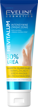 Eveline Revitalum krem-maska z 30% Urea do stóp, niebiesko-biała tubka z grafiką stóp, widok z przodu.