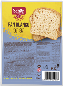 Tył opakowania chleba bezglutenowego Schär Pan Blanco, żółto-niebieskie, z dwoma kromkami i danymi odżywczymi.