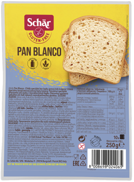 Tył opakowania chleba bezglutenowego Schär Pan Blanco, żółto-niebieskie, z dwoma kromkami i danymi odżywczymi.