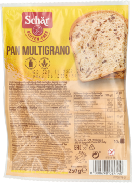 Schär Pan Multigrano, bezglutenowy chleb wieloziarnisty w przezroczystym opakowaniu, widoczne kromki chleba.