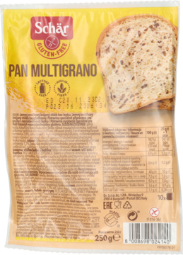 Schär Pan Multigrano, bezglutenowy chleb wieloziarnisty w przezroczystym opakowaniu, widoczne kromki chleba.
