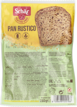 Tył żółto-zielonego opakowania Schär Pan Rustico, bezglutenowy chleb z widoczną kromką i info odżywczym.