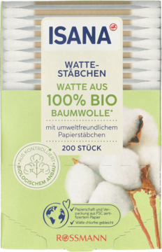 Opakowanie ISANA Watte-Stäbchen, 200 szt. z 100% bio bawełny i ekologicznymi papierowymi patyczkami, widok z przodu.