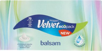 Chusteczki Velvet ecopack balsam 3-warstwowe w pastelowym opakowaniu, niebieskie logo, widok z przodu.