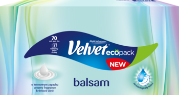 Velvet Balsam ecopack, zbliżenie na chusteczki higieniczne w niebiesko-zielonym opakowaniu z logo i napisem 'NEW'.
