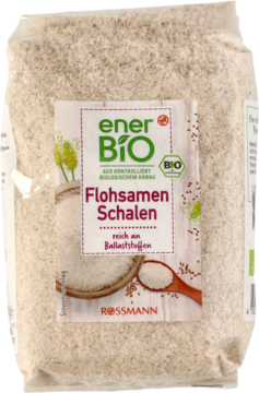 Jasne łuski babki jajowatej enerBio w przezroczystej torbie, bogate w błonnik, z zieloną etykietą, widok z przodu.