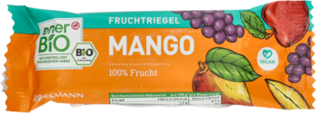 Bio baton owocowy mor BIO, dominujący smak mango, z jabłkiem i winogronami, w pomarańczowym opakowaniu.