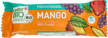 Bio baton owocowy mor BIO, dominujący smak mango, z jabłkiem i winogronami, w pomarańczowym opakowaniu.