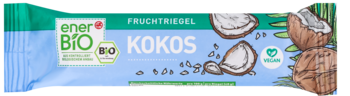 enerBio baton kokosowy, niebiesko-zielone opakowanie z ilustracją kokosów i logo vegan, widok z przodu.
