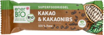 enerBiO baton Kakao i Kakaonibs, brązowy, z widocznymi nibsami, zielone logo, widok z przodu.