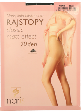 Różowe opakowanie rajstop Naris Classic 20 den matt effect, cieliste, z widokiem na nogi modelki.