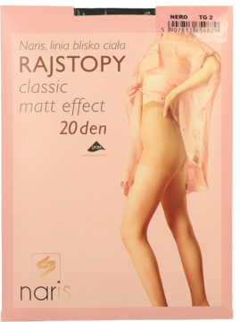 Różowe opakowanie rajstop Naris Classic 20 den matt effect, cieliste, z widokiem na nogi modelki.