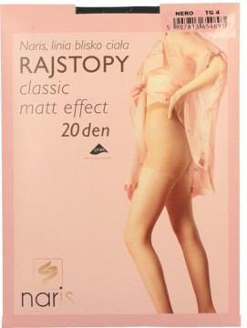 Frontowe różowe opakowanie rajstop Naris Classic Matt Effect 20 den, z modelką prezentującą cieliste rajstopy.