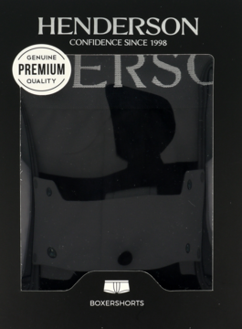 Męskie bokserki Henderson w czarnym kartonowym opakowaniu z okienkiem i metką Premium Quality, widok z przodu.
