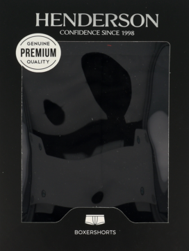 Czarne pudełko bokserek męskich HENDERSON, przód, z okrągłym napisem "PREMIUM QUALITY" i widocznym materiałem.