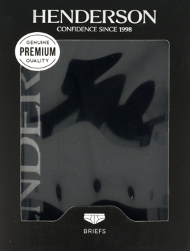 Czarne opakowanie męskich slipów Henderson, widok z przodu, z oknem ukazującym złożone ciemne slipy.