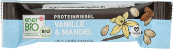 EnerBiO organic vegan protein bar, light blue packaging, vanilla & almond flavor, front view, with vanilla pods and almonds.