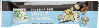 EnerBiO organic vegan protein bar, light blue packaging, vanilla & almond flavor, front view, with vanilla pods and almonds.