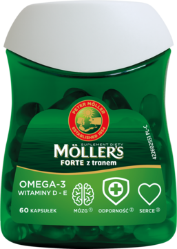 MÖLLER'S Forte ,kapsułki z tranem, Omega-3 + Witaminy D i E, suplement diety,przód