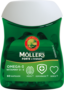 Möller's Forte Omega-3 Witaminy D-E, ciemnozielona butelka z 60 kapsułkami, wspiera mózg, serce, odporność.