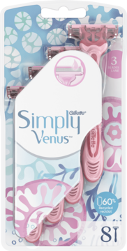 Opakowanie różowych maszynek Gillette Simply Venus 3 dla kobiet, 4 sztuki, biało-różowy wzór na opakowaniu, widok z przodu.