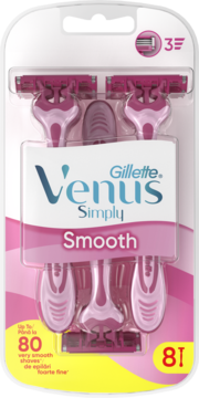 Różowe maszynki jednorazowe Gillette Venus Simply Smooth dla kobiet, 8 sztuk w blistrze, 3 ostrza, widok z przodu.