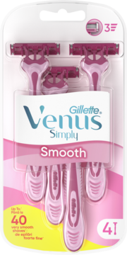 Gillette Venus Simply 3 Smooth – zestaw 4 różowych maszynek jednorazowych w blistrze, widok z przodu.