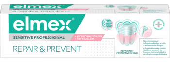 Białe pudełko pasty Elmex Sensitive Repair & Prevent z zielonym logo i ilustracją zębów na przodzie.