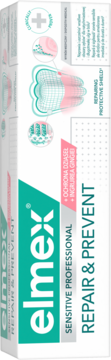 Białe pudełko pasty elmex Sensitive Professional Repair & Prevent, z zielonym logo i różowym paskiem, grafiką zęba.