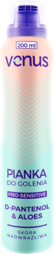 Pianka Venus Pro-Sensitive D-Panthenol & Aloes 200ml, różowo-zielona butelka, widok z przodu.